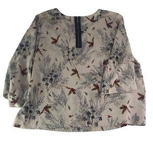 Le Lis Blouse Shirt Long Sleeve Tan Beige with Bird Pheasant Print Women's M